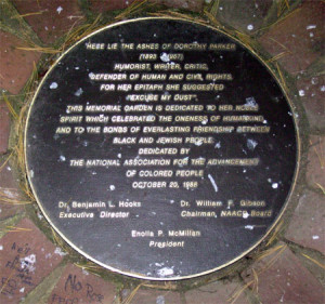 Circular memorial marker (or plaque) for Dorothy Parker's remains at the NAACP in Baltimore, MD